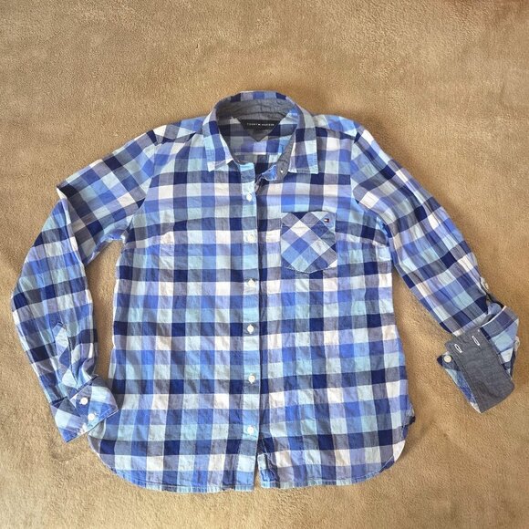 Tommy Hilfiger Women’s Blue Plaid Button Down Shirt Long Sleeve Casual Cotton S - Picture 2 of 13